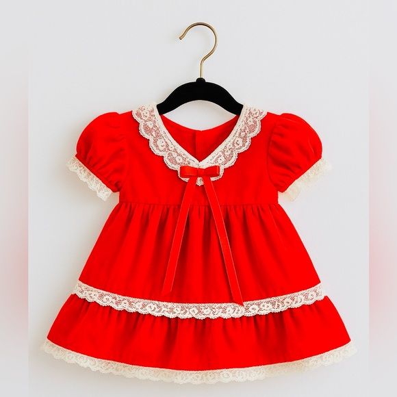 Vintage Red velvet baby dress with lace trim holiday dress Christmas outfit - Picture 1 of 7